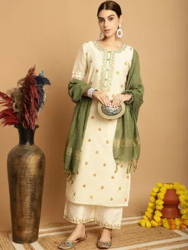 Women Cream Chanderi Palazzo Dupatta Set