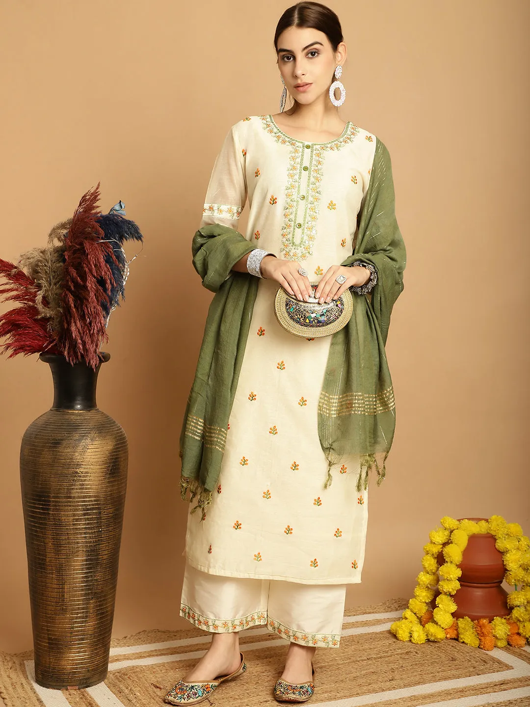 Women Cream Chanderi Palazzo Dupatta Set