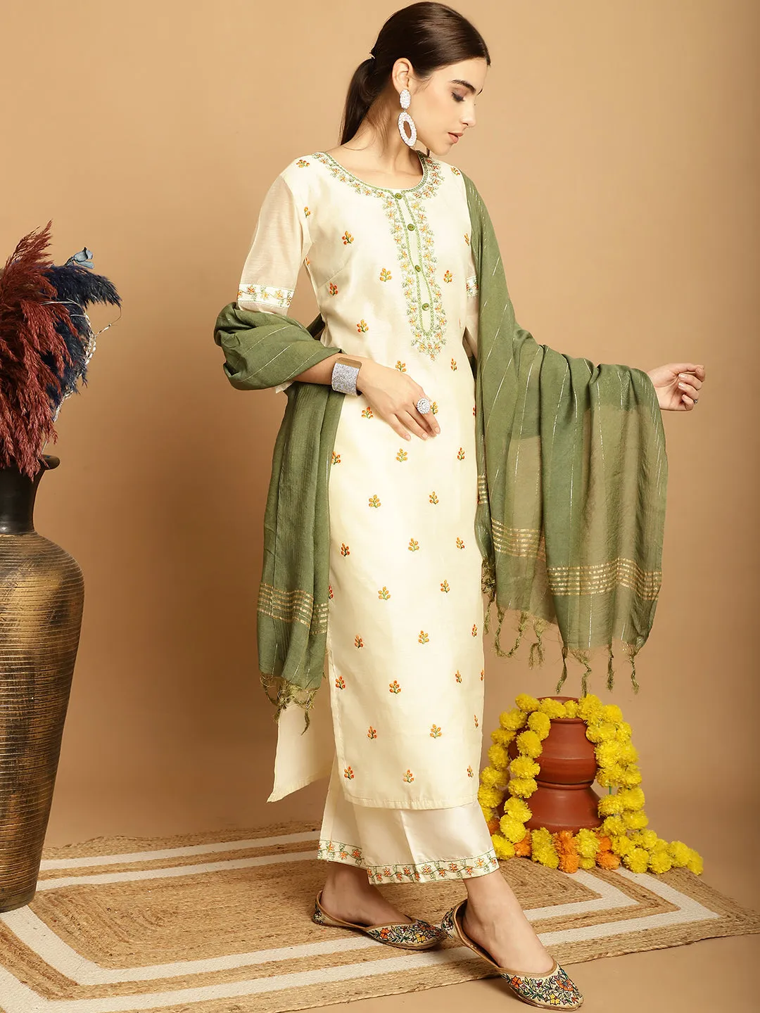 Women Cream Chanderi Palazzo Dupatta Set