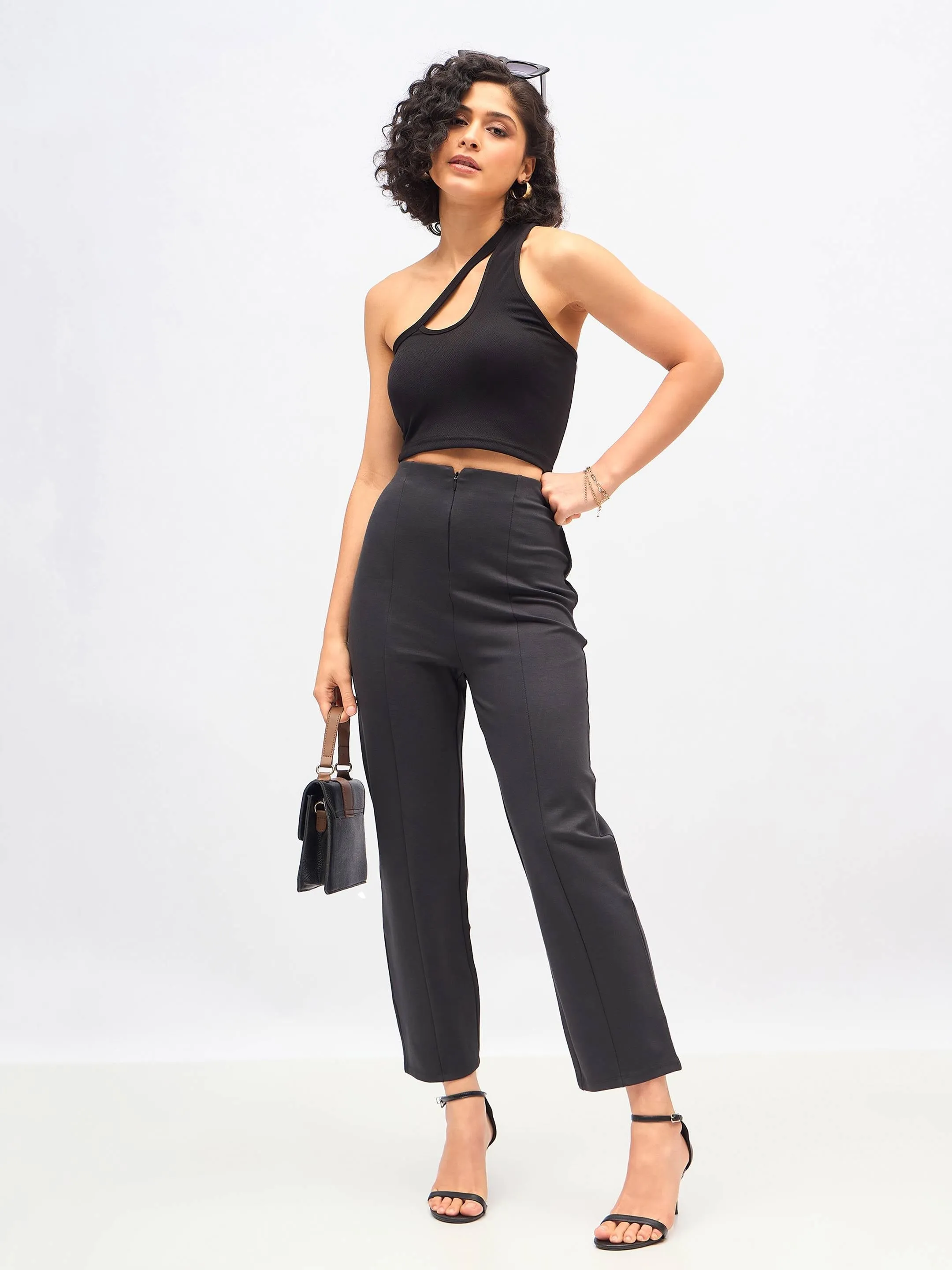 Women Dark Grey Front Darted High Waisted Pants