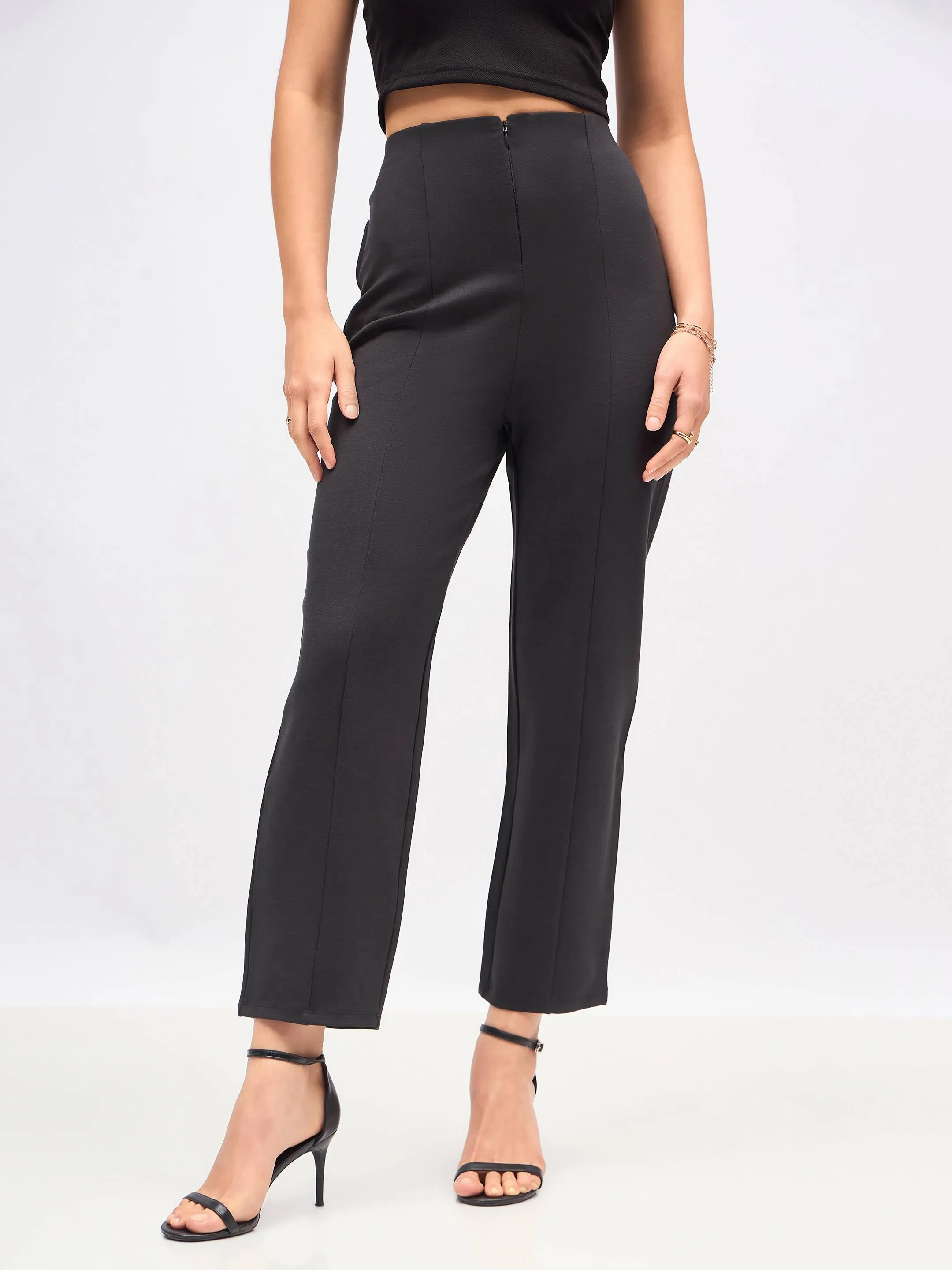 Women Dark Grey Front Darted High Waisted Pants