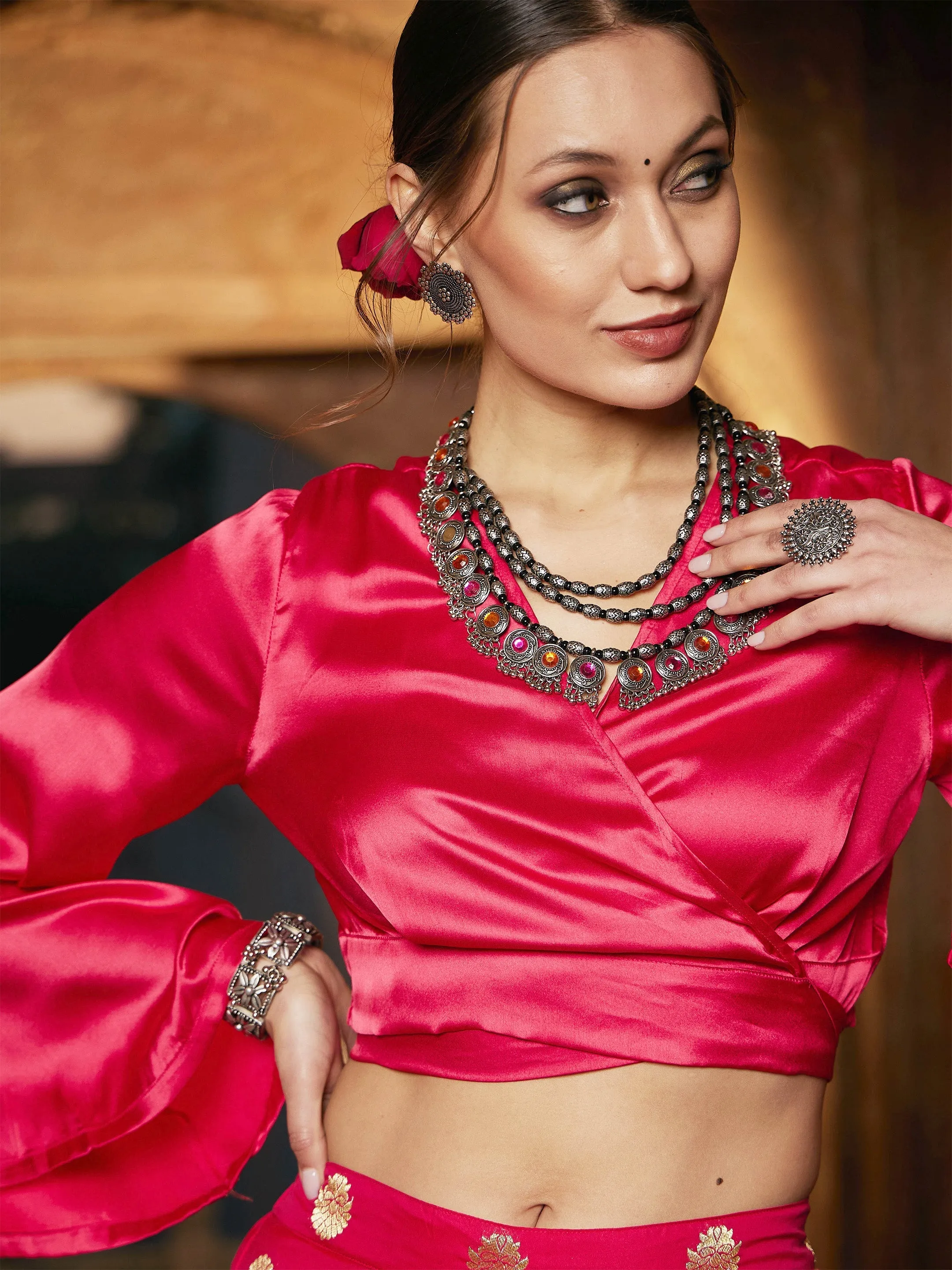 Women Fuchsia Satin Wrap Crop Top