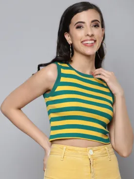 Women Green & Yellow Rib Sleeveless Crop Top