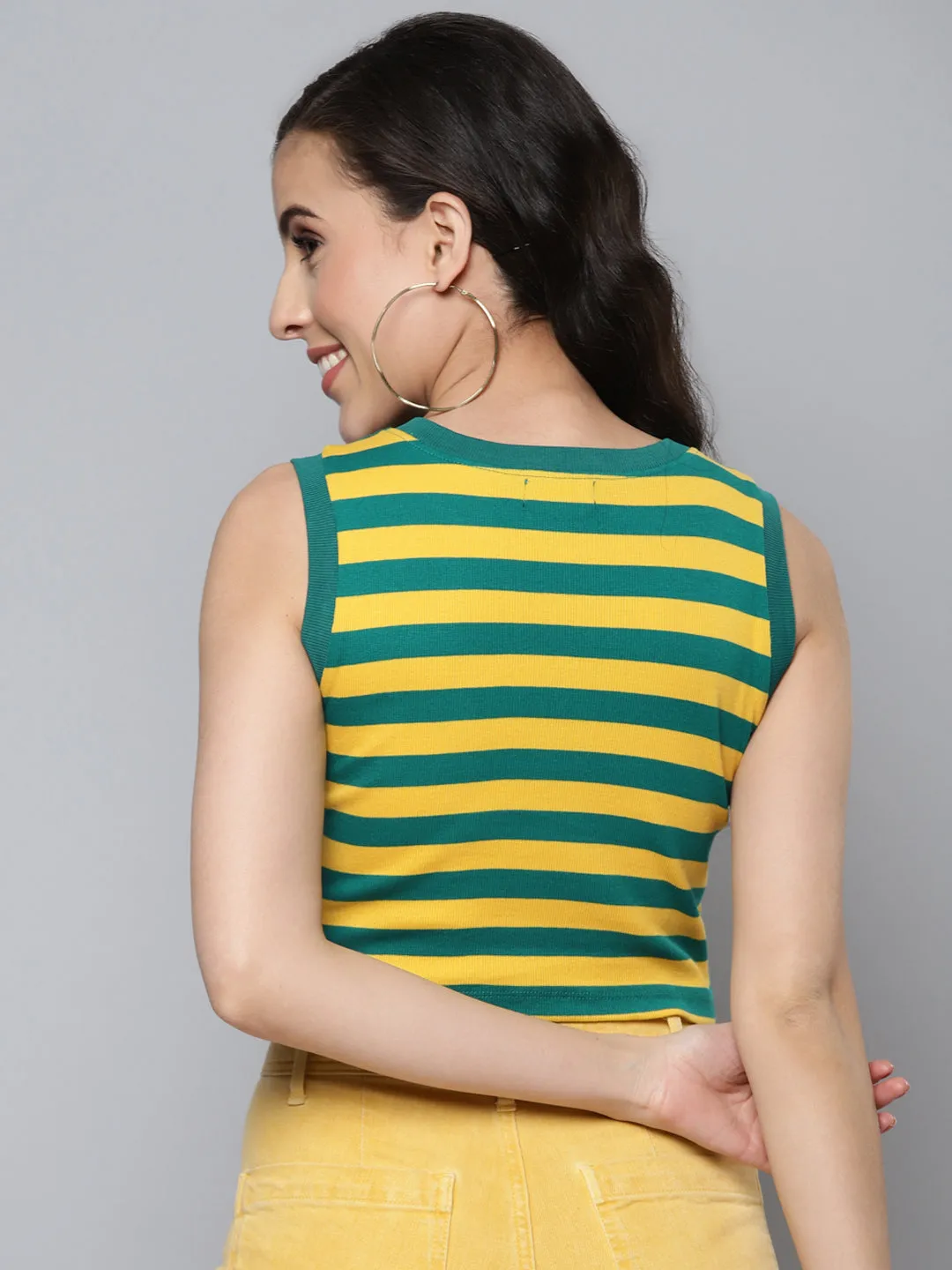 Women Green & Yellow Rib Sleeveless Crop Top