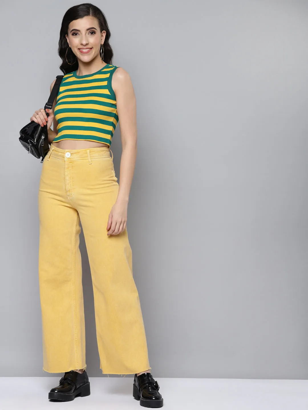 Women Green & Yellow Rib Sleeveless Crop Top