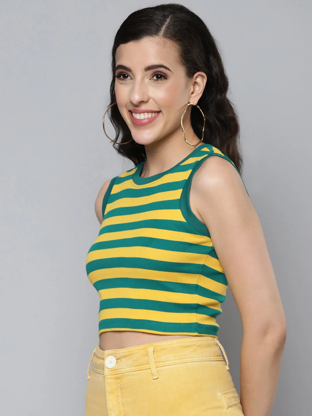 Women Green & Yellow Rib Sleeveless Crop Top