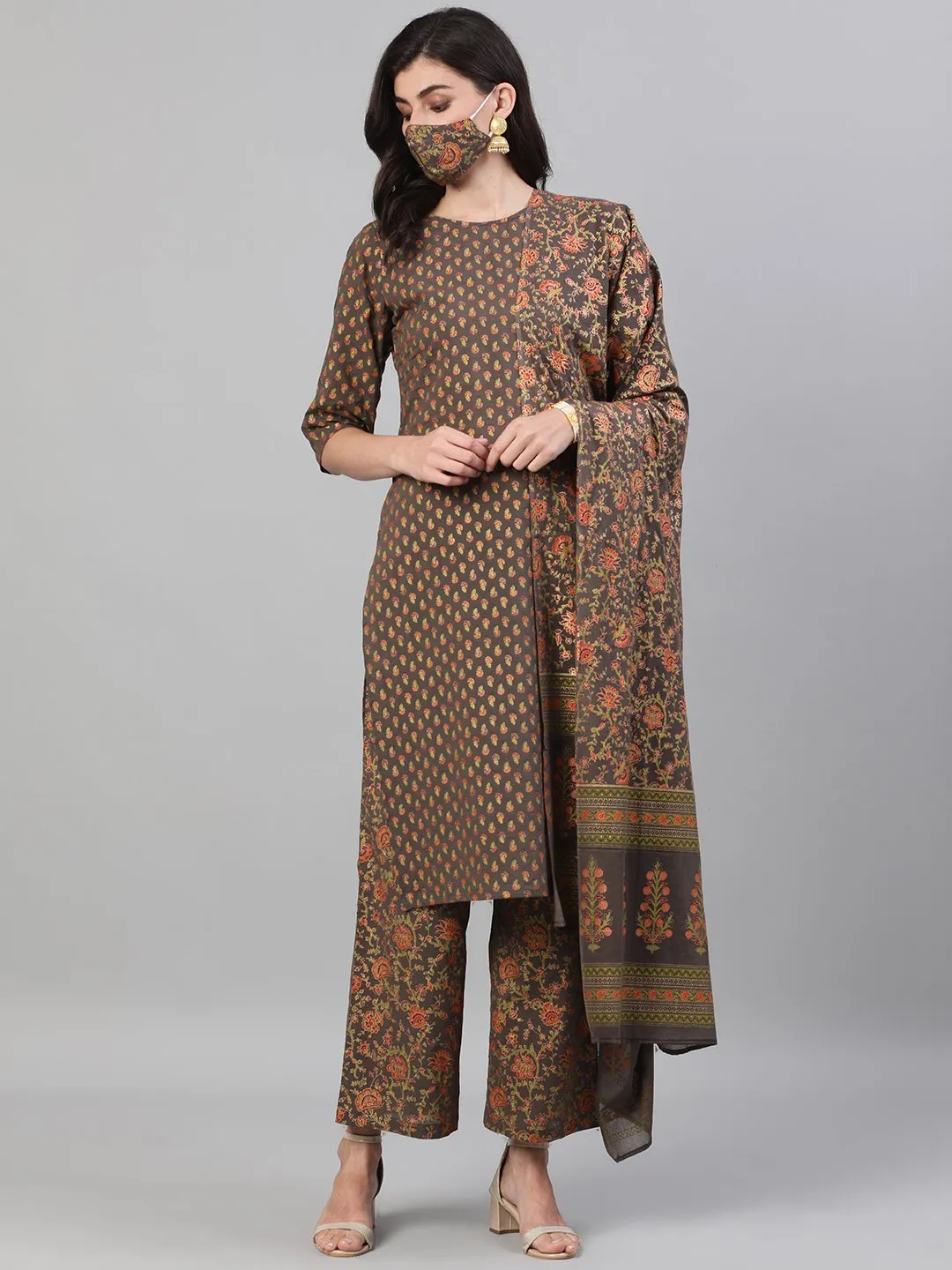 Women Grey And Orange Gold Printed Three-Quarter Sleeves Straight Kurta With Palazzo And Dupatta With Pockets And Face Mask