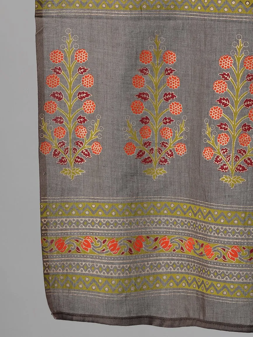 Women Grey And Orange Gold Printed Three-Quarter Sleeves Straight Kurta With Palazzo And Dupatta With Pockets And Face Mask