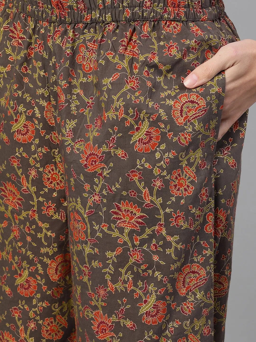 Women Grey And Orange Gold Printed Three-Quarter Sleeves Straight Kurta With Palazzo And Dupatta With Pockets And Face Mask