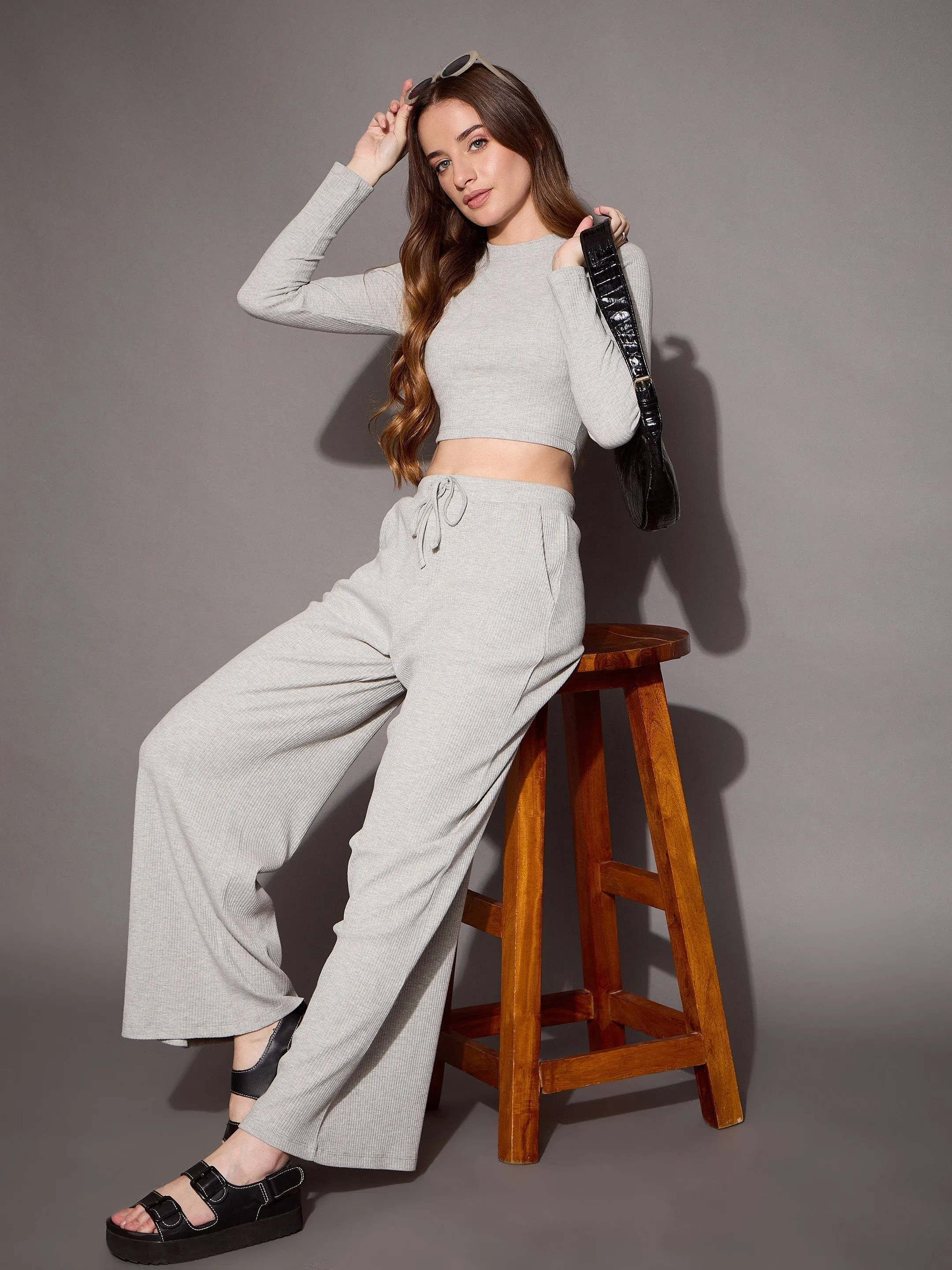 Women Grey Melange Full Sleeve Crop Top With Drawstring Pants