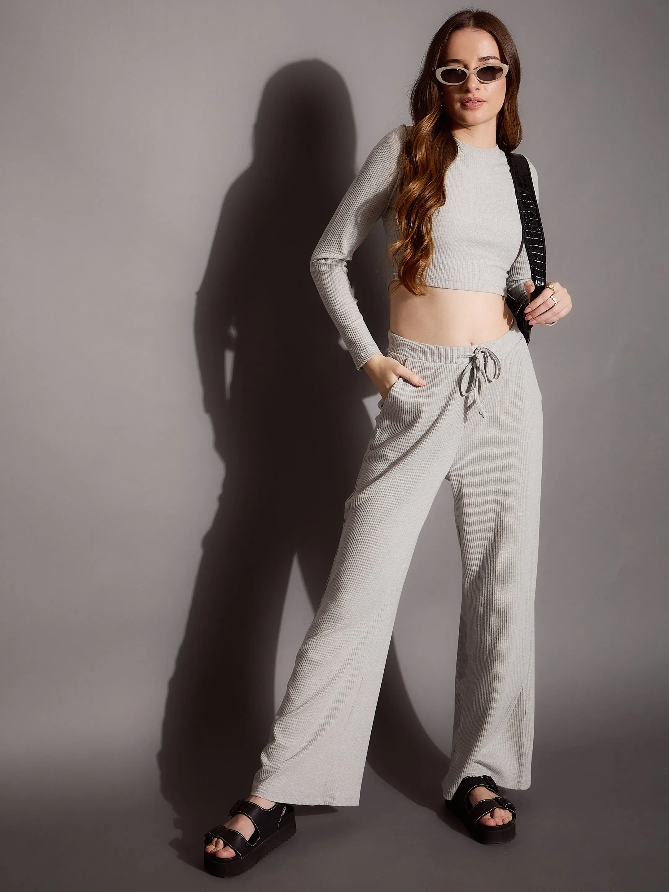 Women Grey Melange Full Sleeve Crop Top With Drawstring Pants