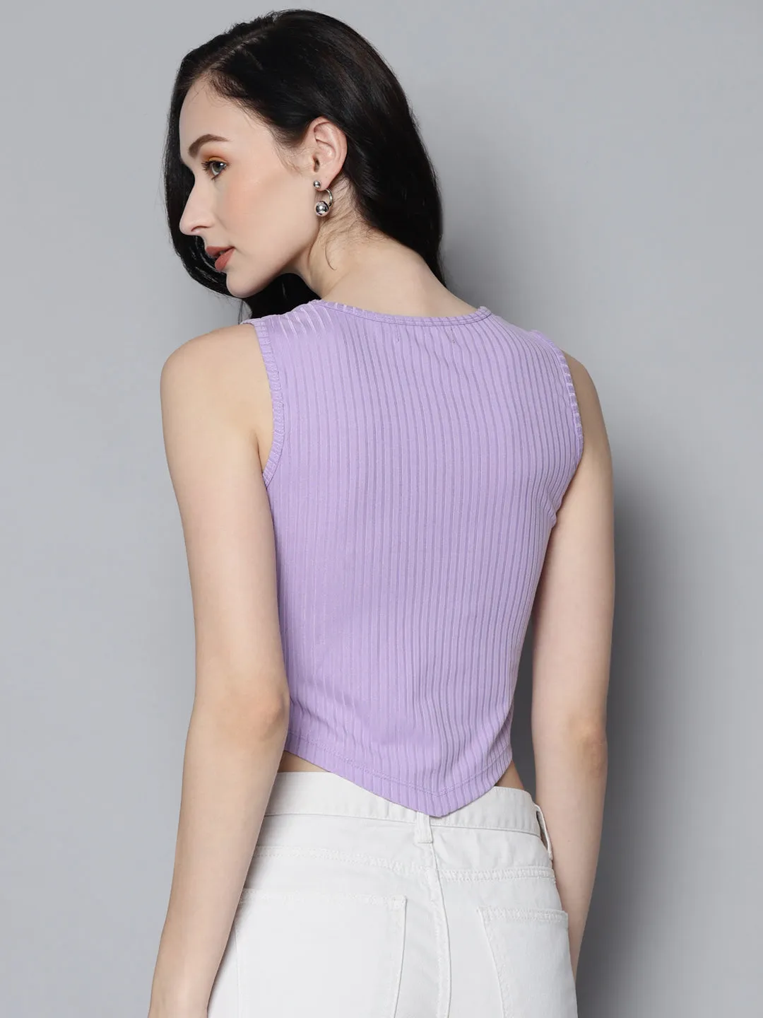 Women Lavender Rib V-Hem Crop Top