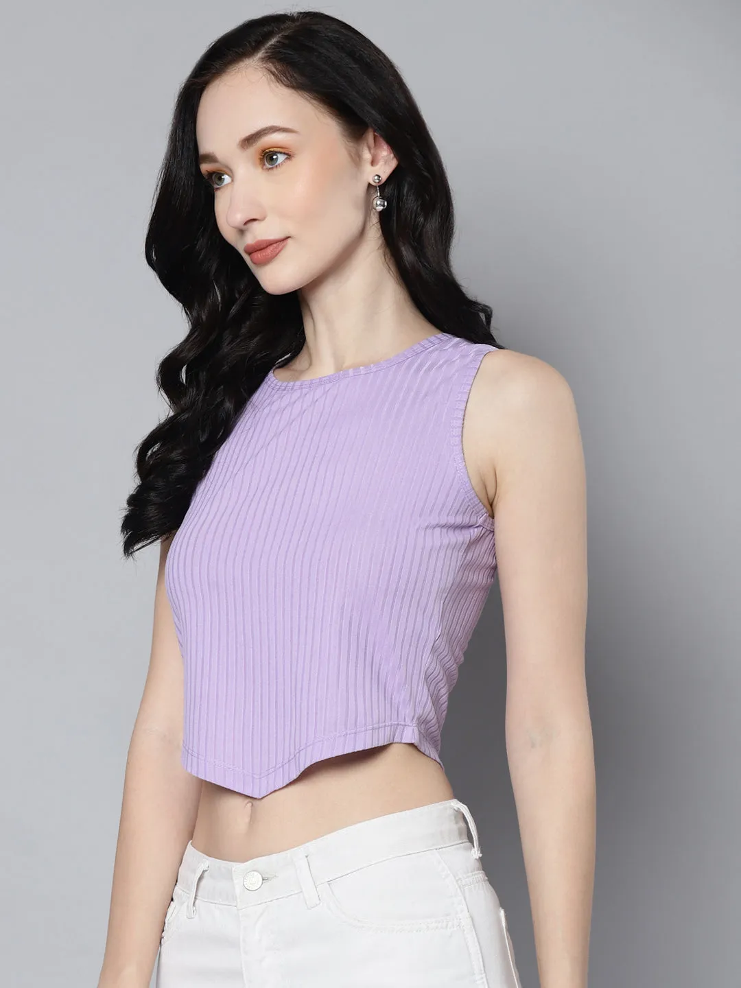 Women Lavender Rib V-Hem Crop Top