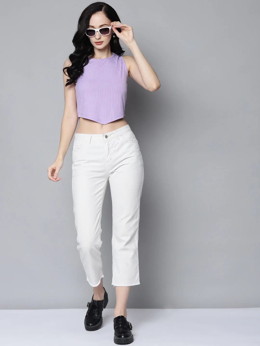 Women Lavender Rib V-Hem Crop Top