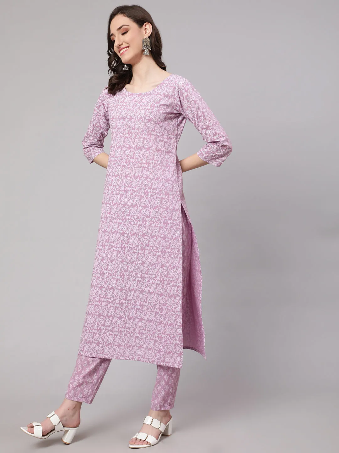 Women Levender Printed Straight Kurta With Palazzo & Dupatta