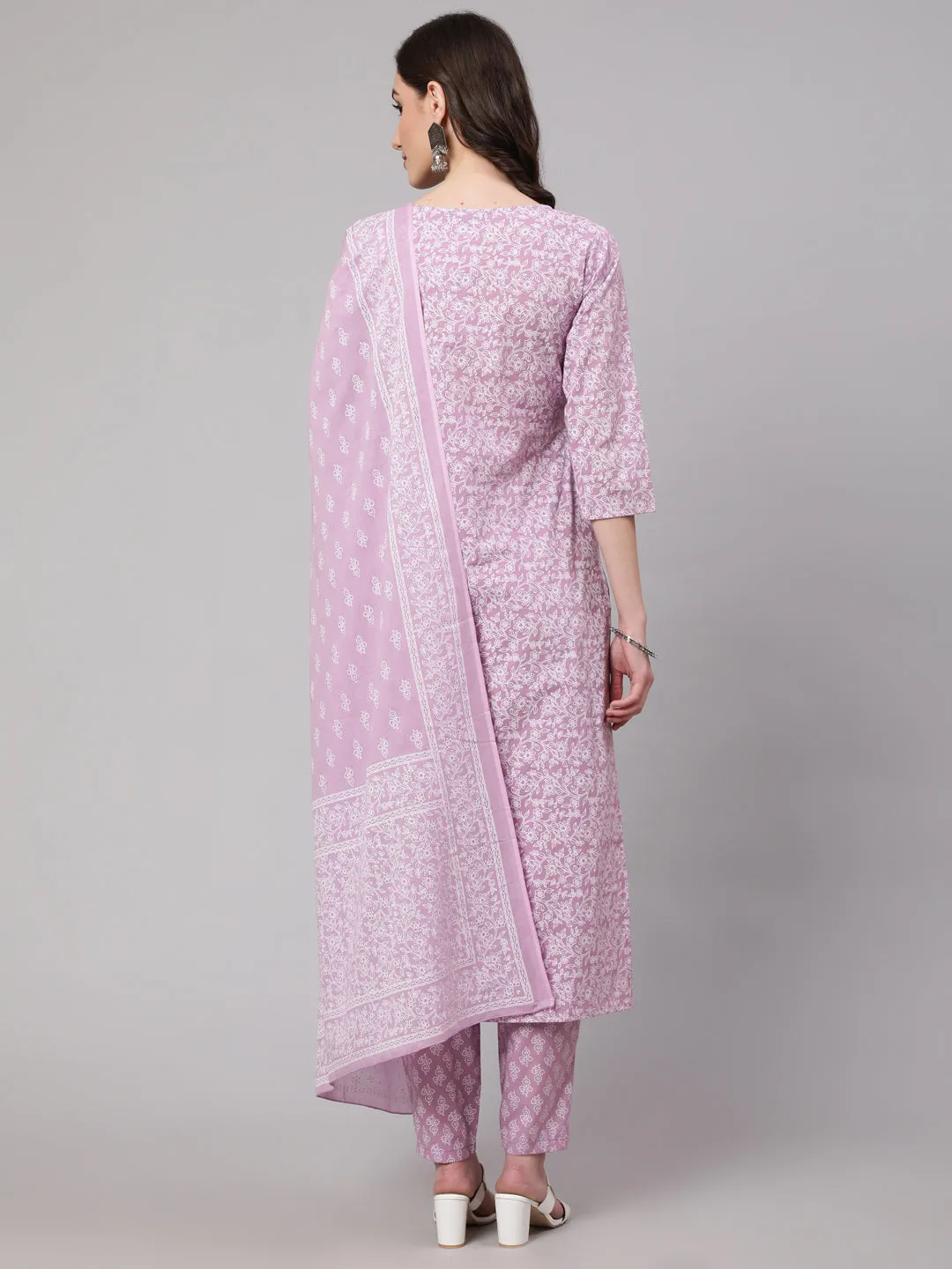 Women Levender Printed Straight Kurta With Palazzo & Dupatta