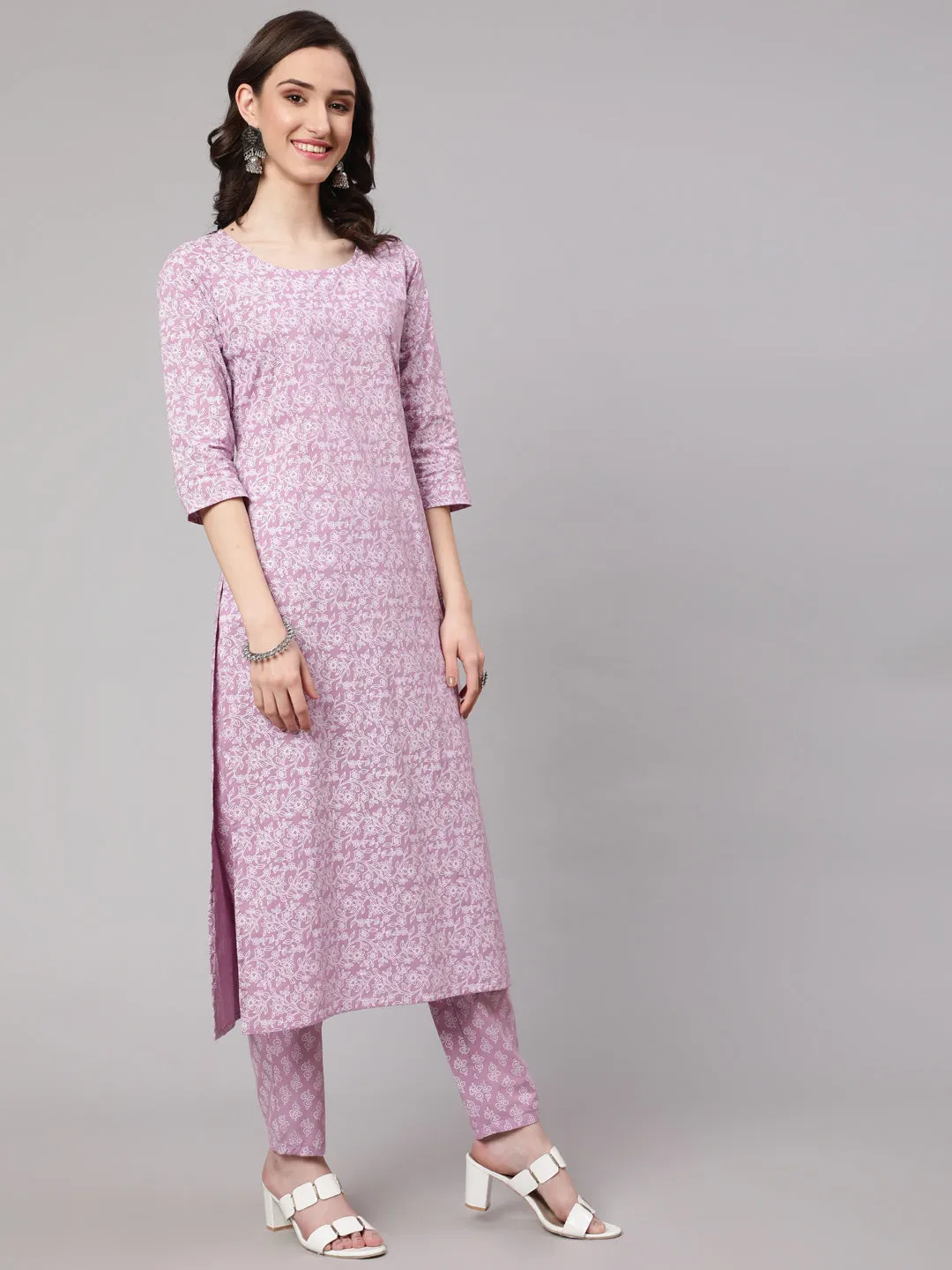 Women Levender Printed Straight Kurta With Palazzo & Dupatta