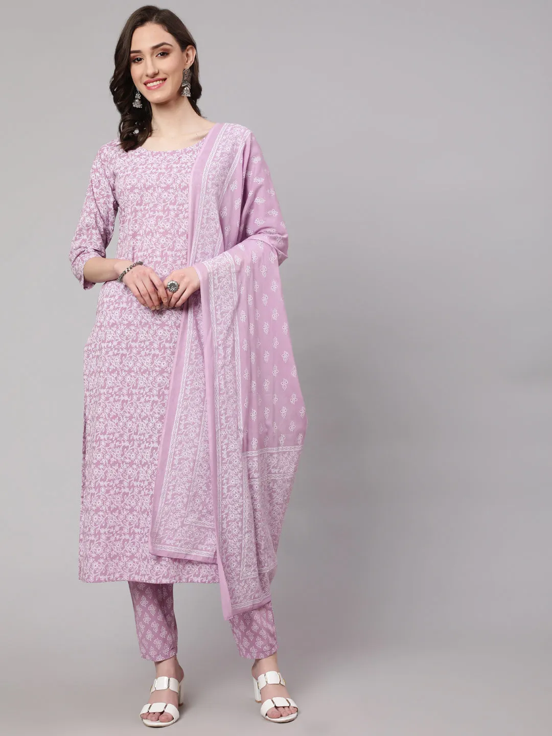 Women Levender Printed Straight Kurta With Palazzo & Dupatta