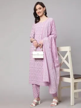 Women Levender Printed Straight Kurta With Palazzo & Dupatta