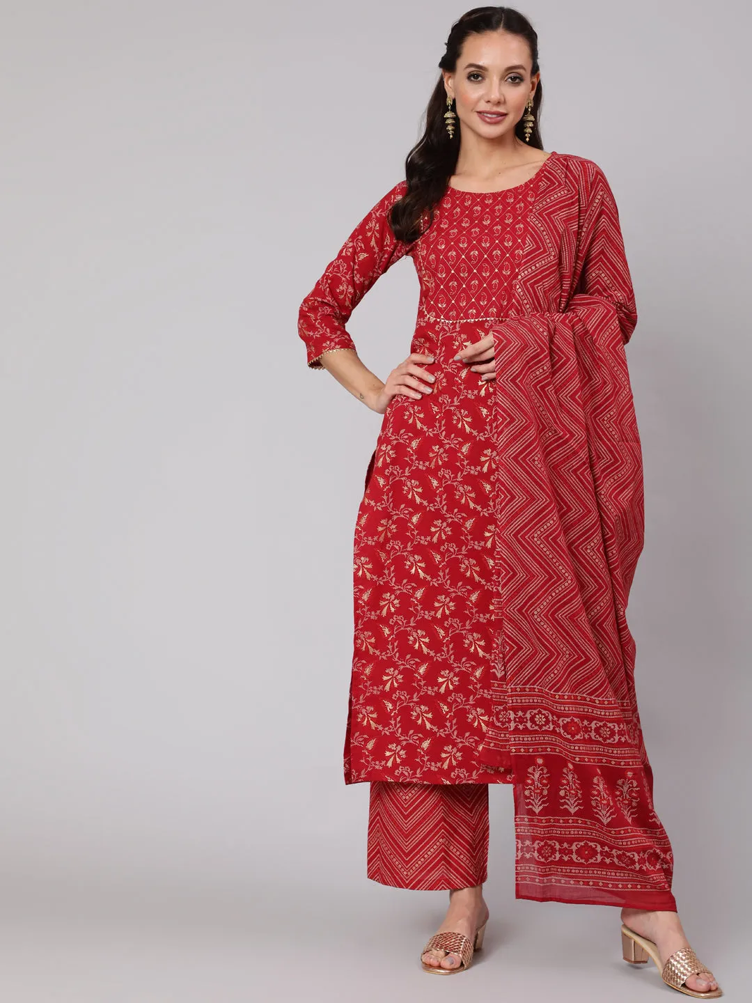 Women Maroon Ethnic Printed Straight Kurta With Palazzo And Dupatta