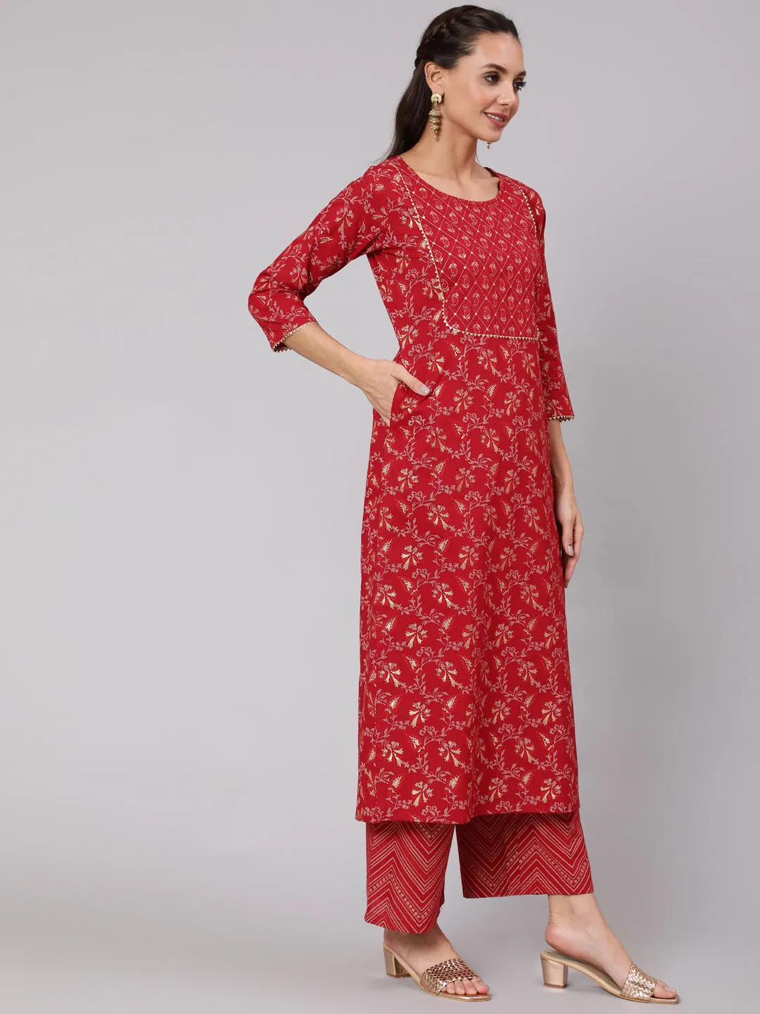 Women Maroon Ethnic Printed Straight Kurta With Palazzo And Dupatta