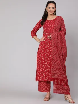 Women Maroon Ethnic Printed Straight Kurta With Palazzo And Dupatta