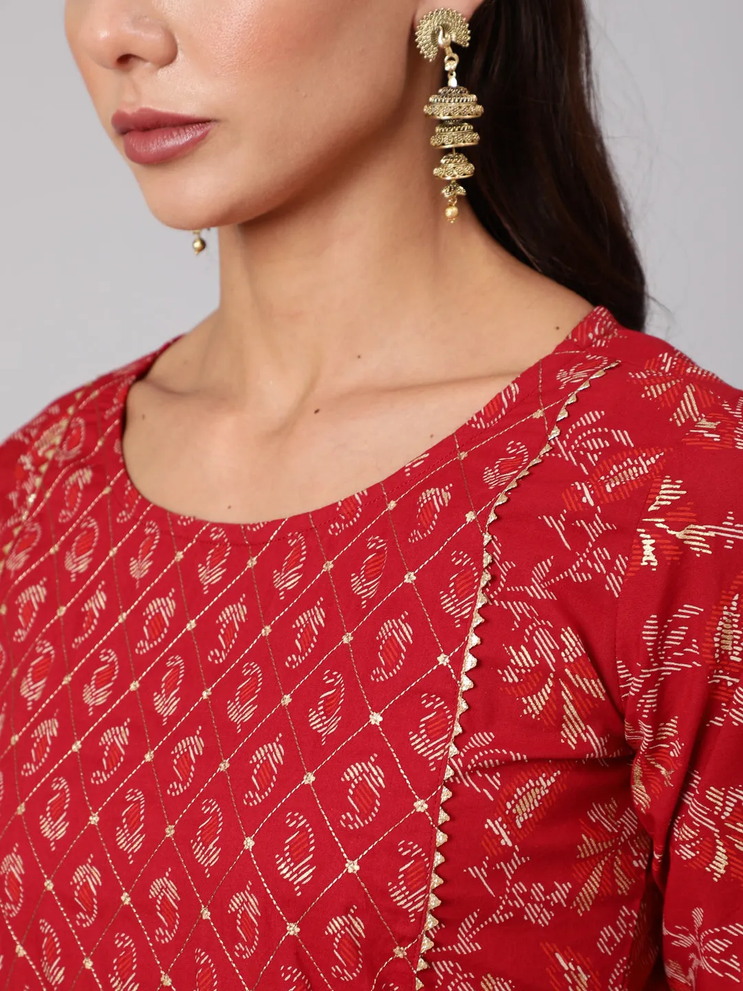 Women Maroon Ethnic Printed Straight Kurta With Palazzo And Dupatta