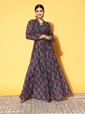 Women Navy Floral Wrap Crop Top With Aanrakali Skirt