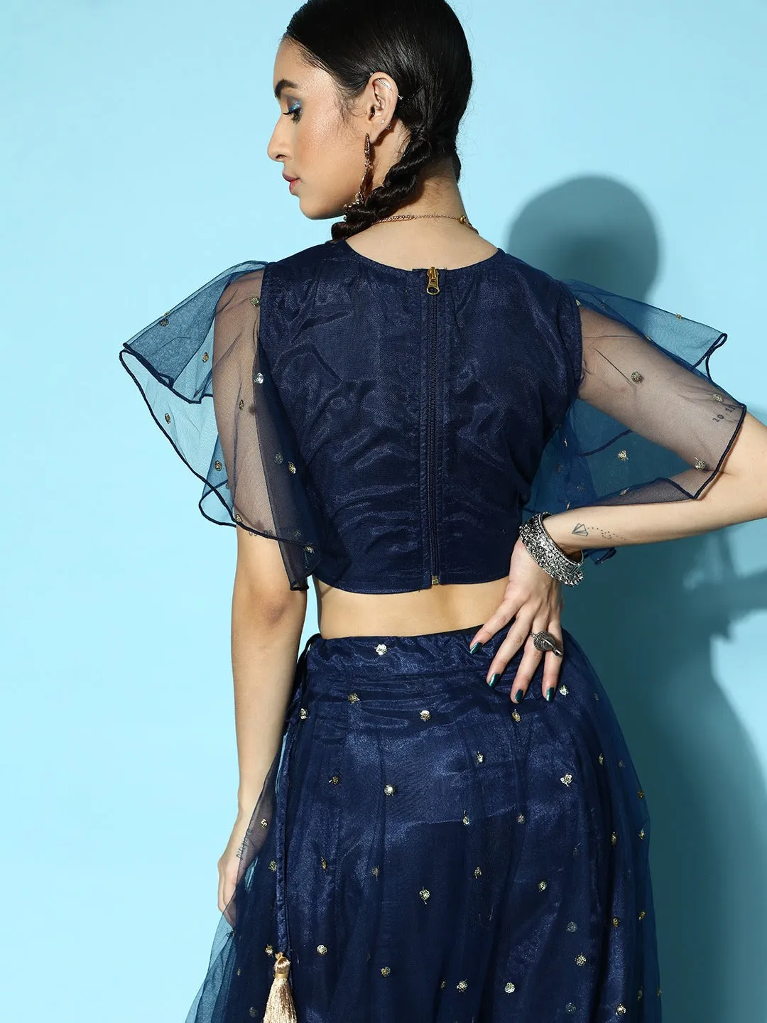 Women Navy Tulle Sequin Frill Detail Crop Top