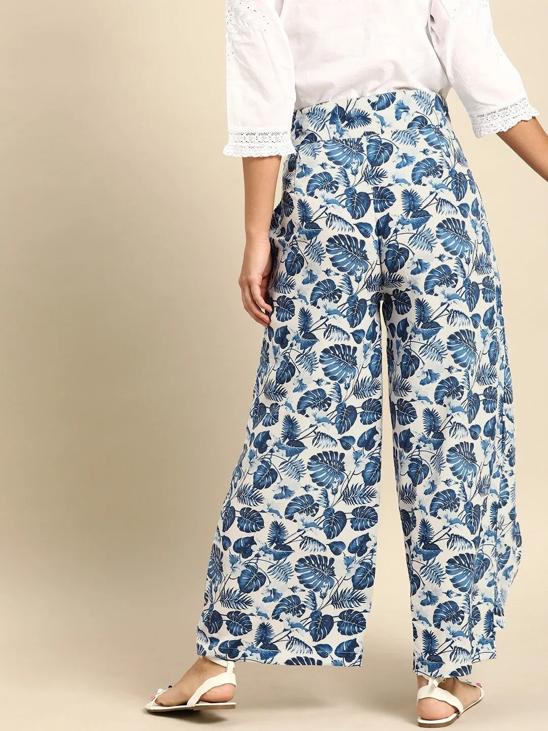 Women Off-White  Blue Printed Wide Leg Palazzos