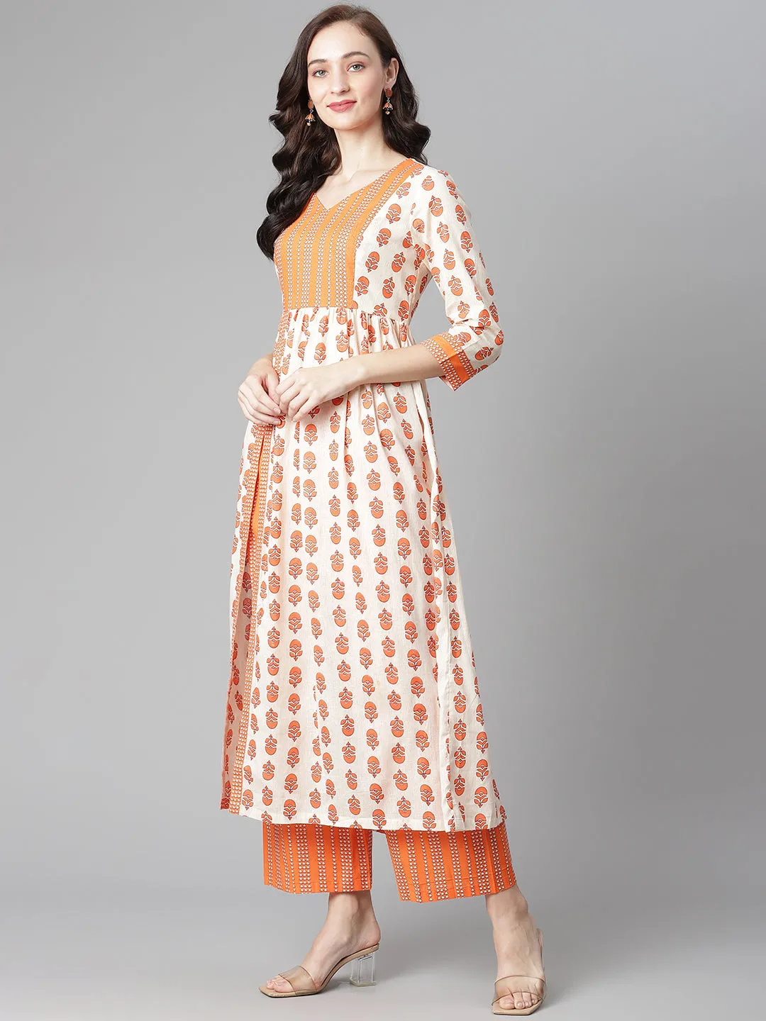 Women Off-White-Orange Cotton Printed Front Slit A-Line Kurta With Palazzo