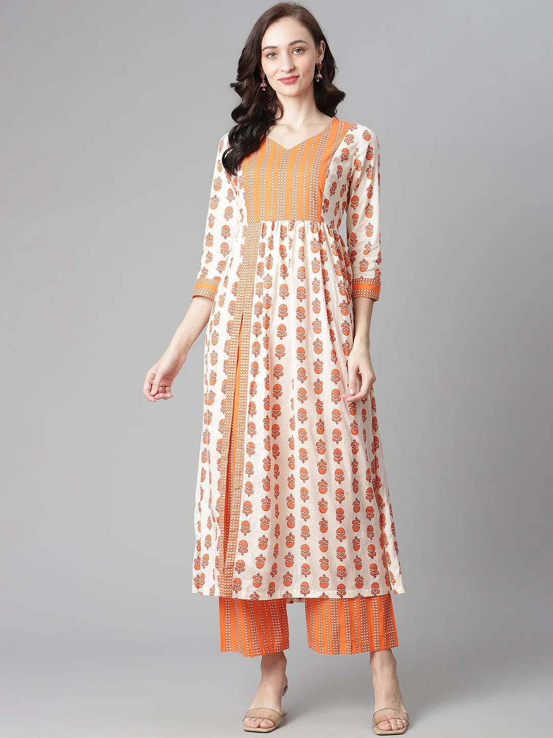 Women Off-White-Orange Cotton Printed Front Slit A-Line Kurta With Palazzo