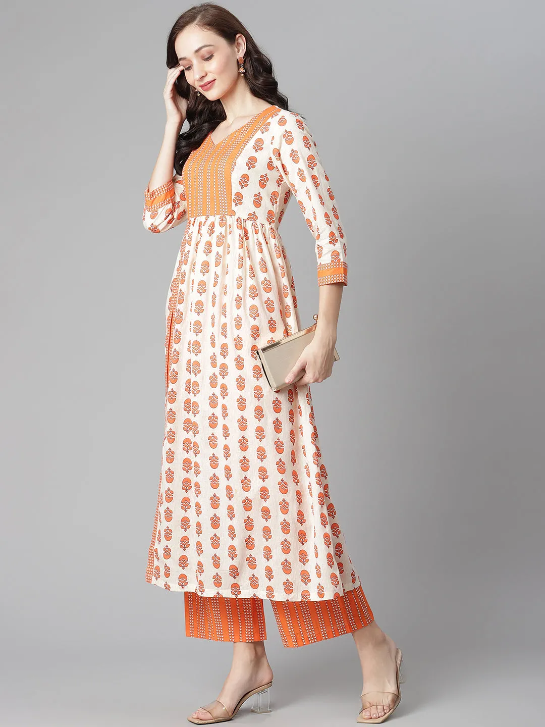 Women Off-White-Orange Cotton Printed Front Slit A-Line Kurta With Palazzo