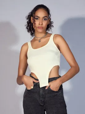 Women Off-White Rib High Low Hem Crop Top