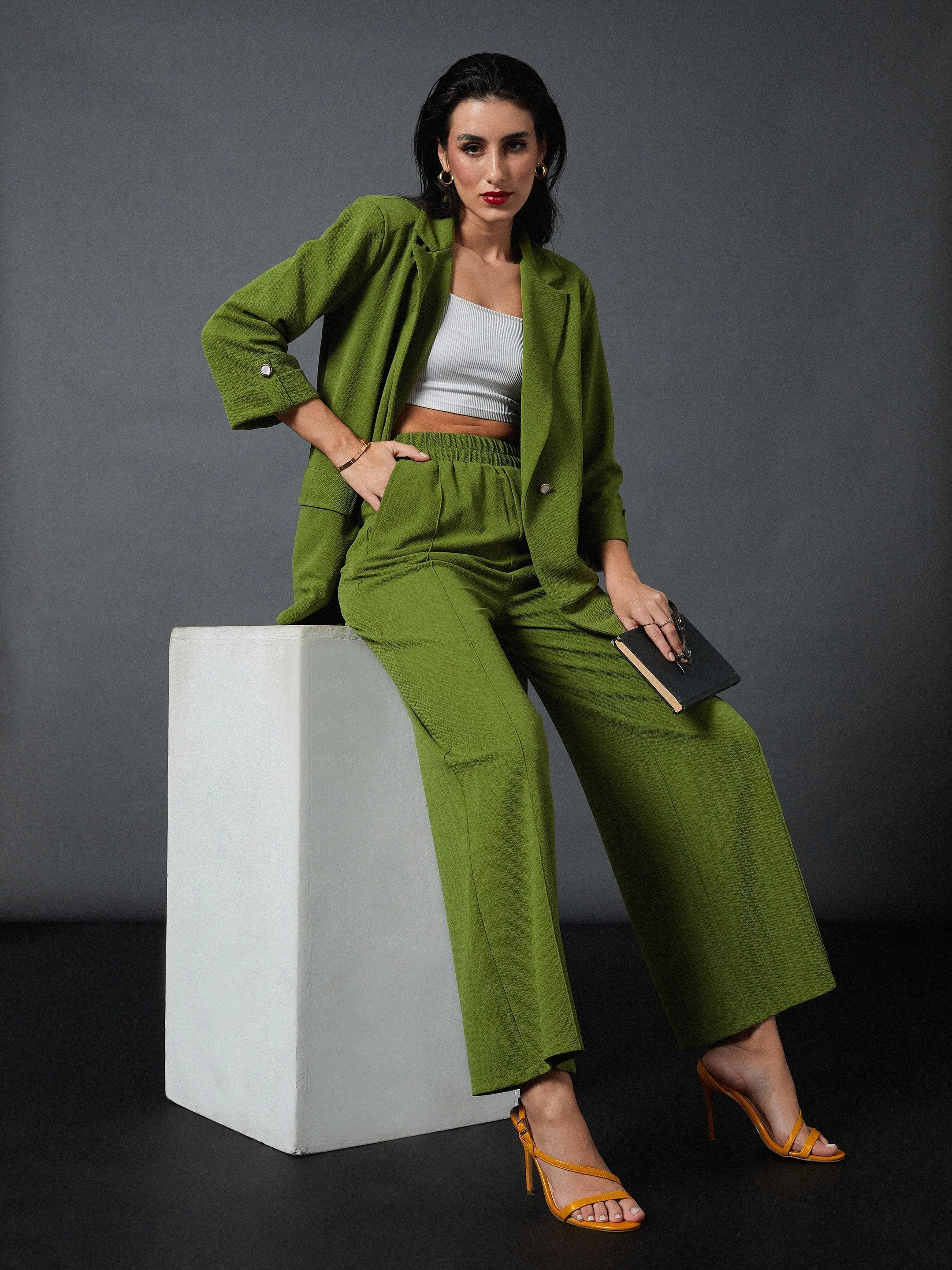 Women Olive Front Darted Palazzo Pants