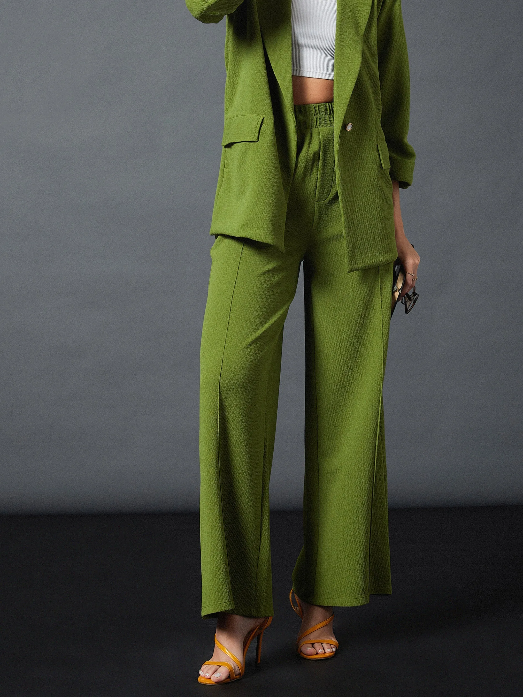 Women Olive Front Darted Palazzo Pants