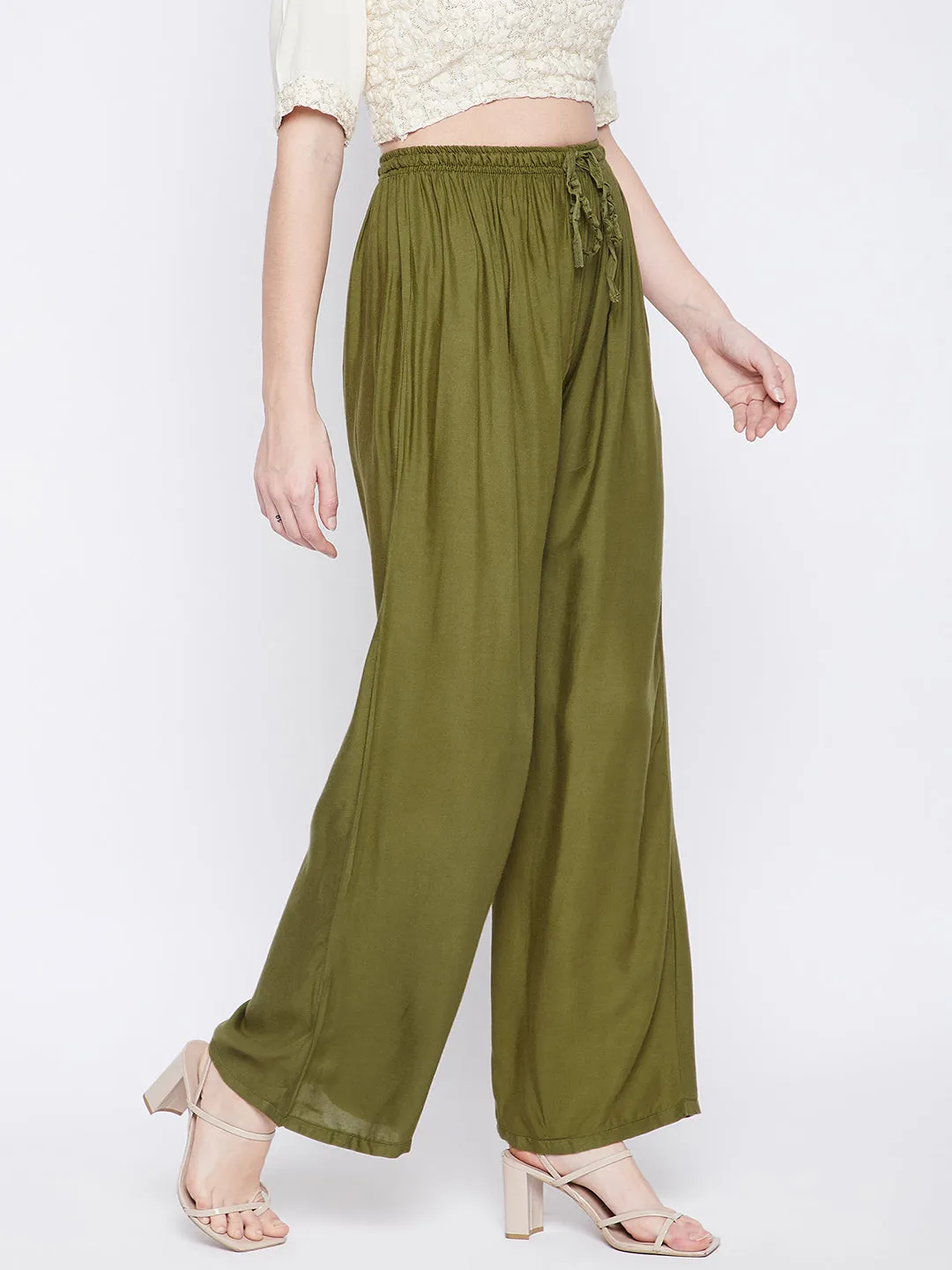 Women Olive Green Solid Rayon Palazzo