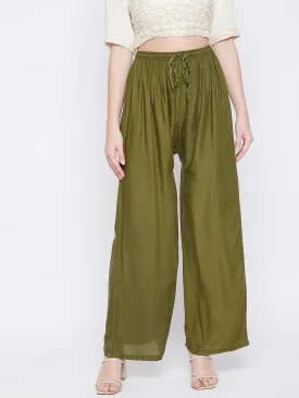 Women Olive Green Solid Rayon Palazzo