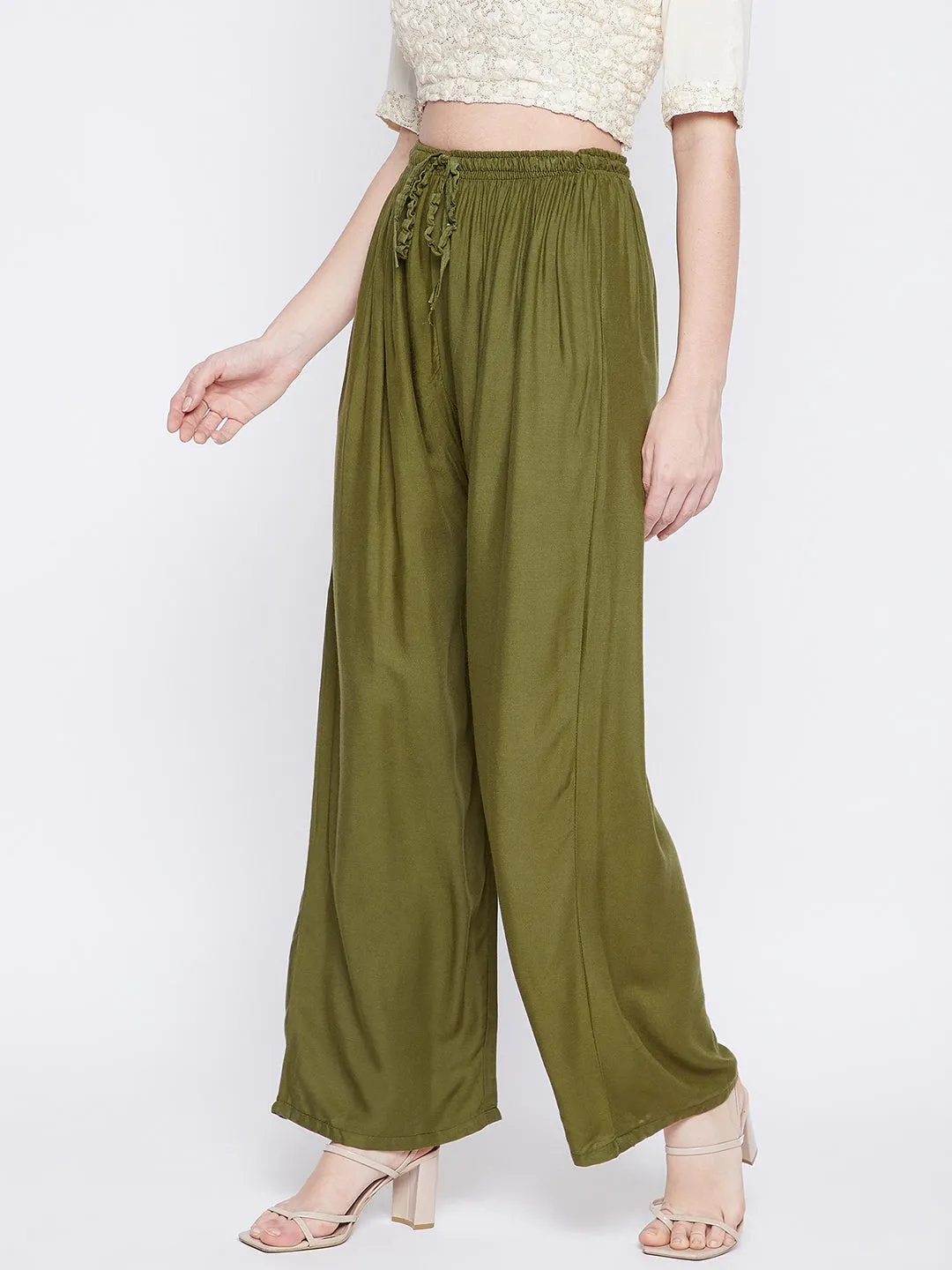 Women Olive Green Solid Rayon Palazzo