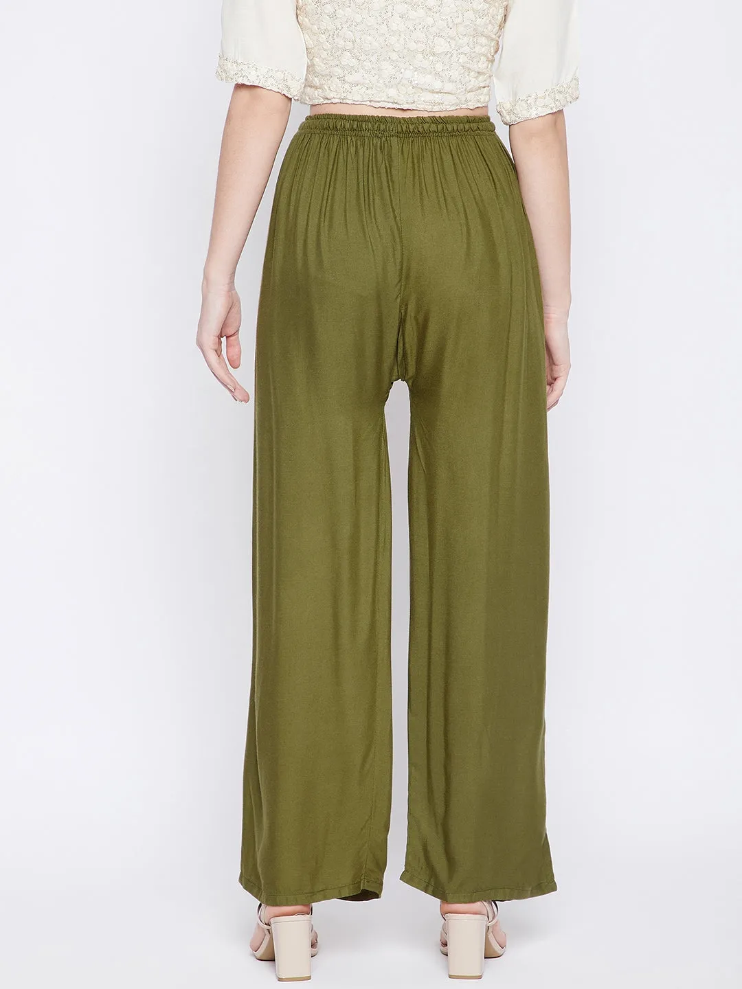 Women Olive Green Solid Rayon Palazzo