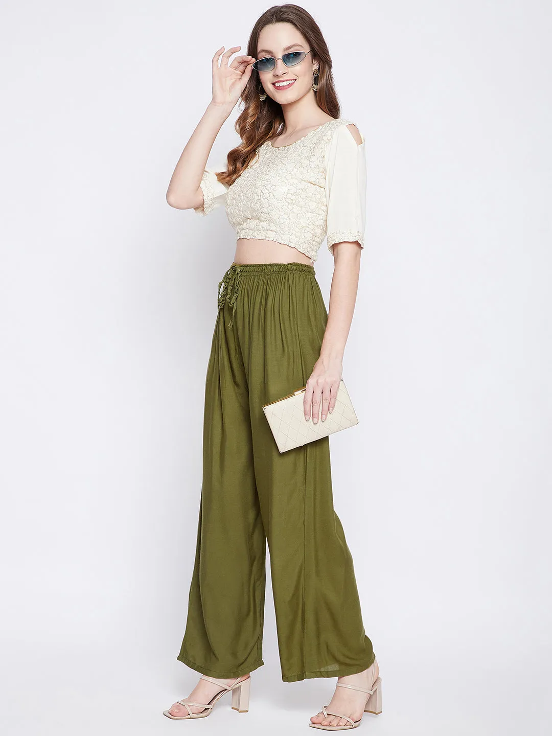 Women Olive Green Solid Rayon Palazzo