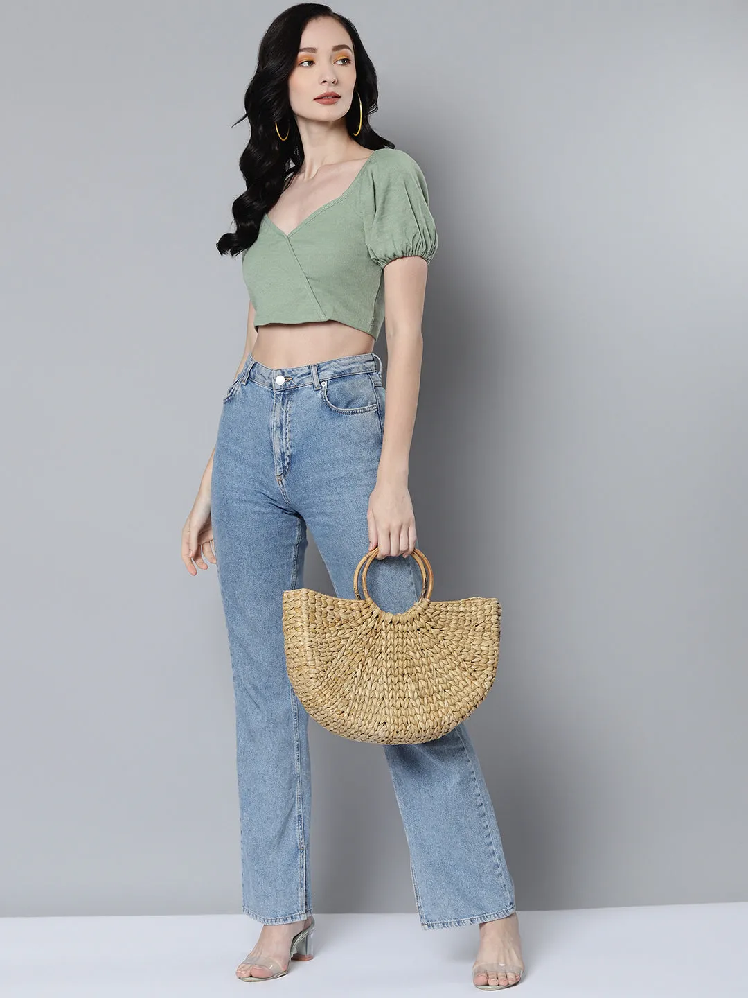 Women Olive Rib Puff Sleeves Crop Top