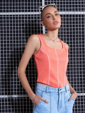 Women Peach Rib Contrast Stitch Crop Top