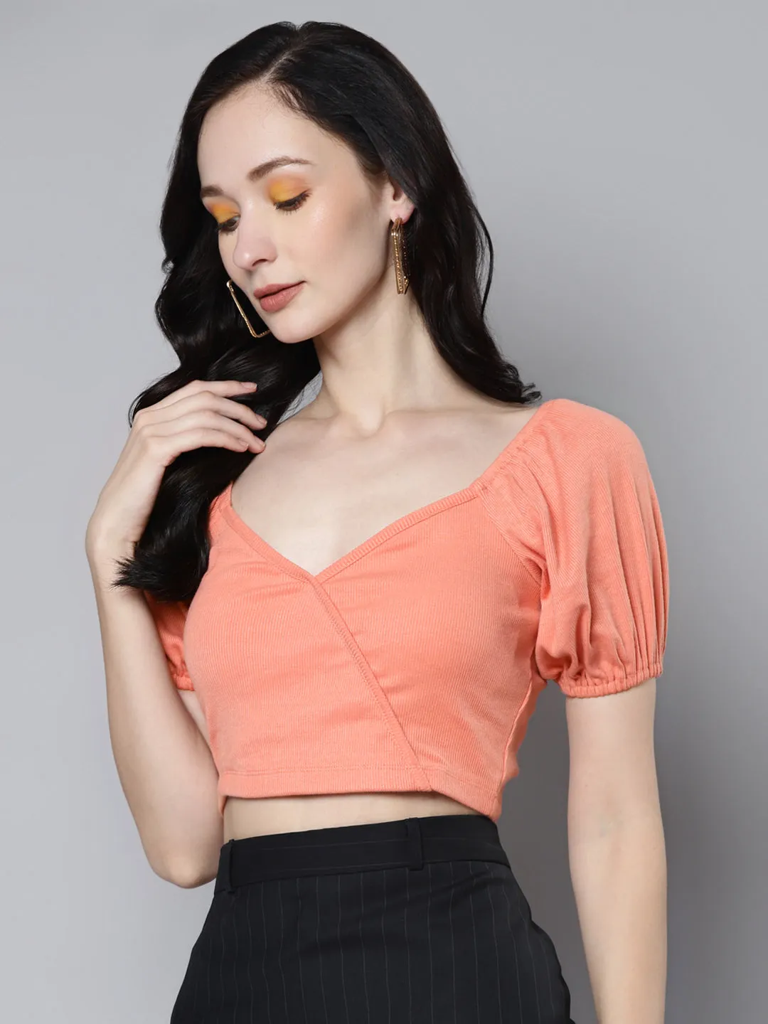 Women Peach Rib Puff Sleeves Crop Top