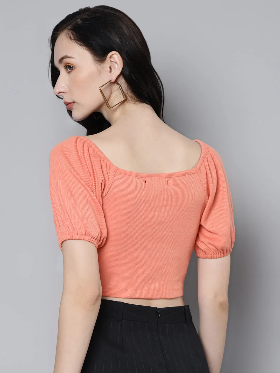 Women Peach Rib Puff Sleeves Crop Top