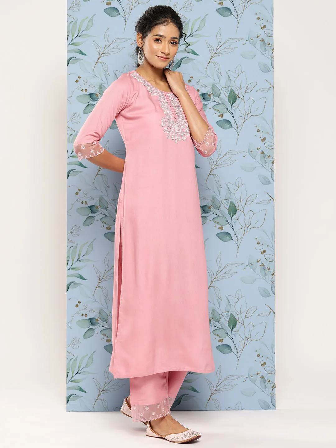 Women Pink Embroidered Straight Kurta With Palazzo And Net Dupatta