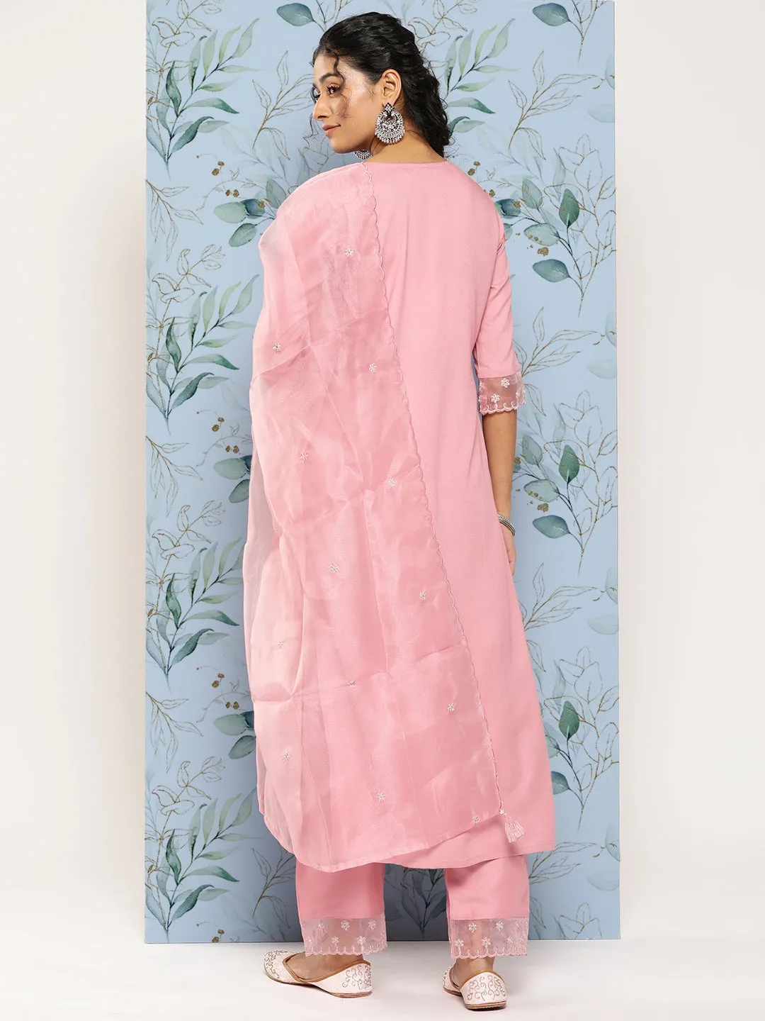 Women Pink Embroidered Straight Kurta With Palazzo And Net Dupatta