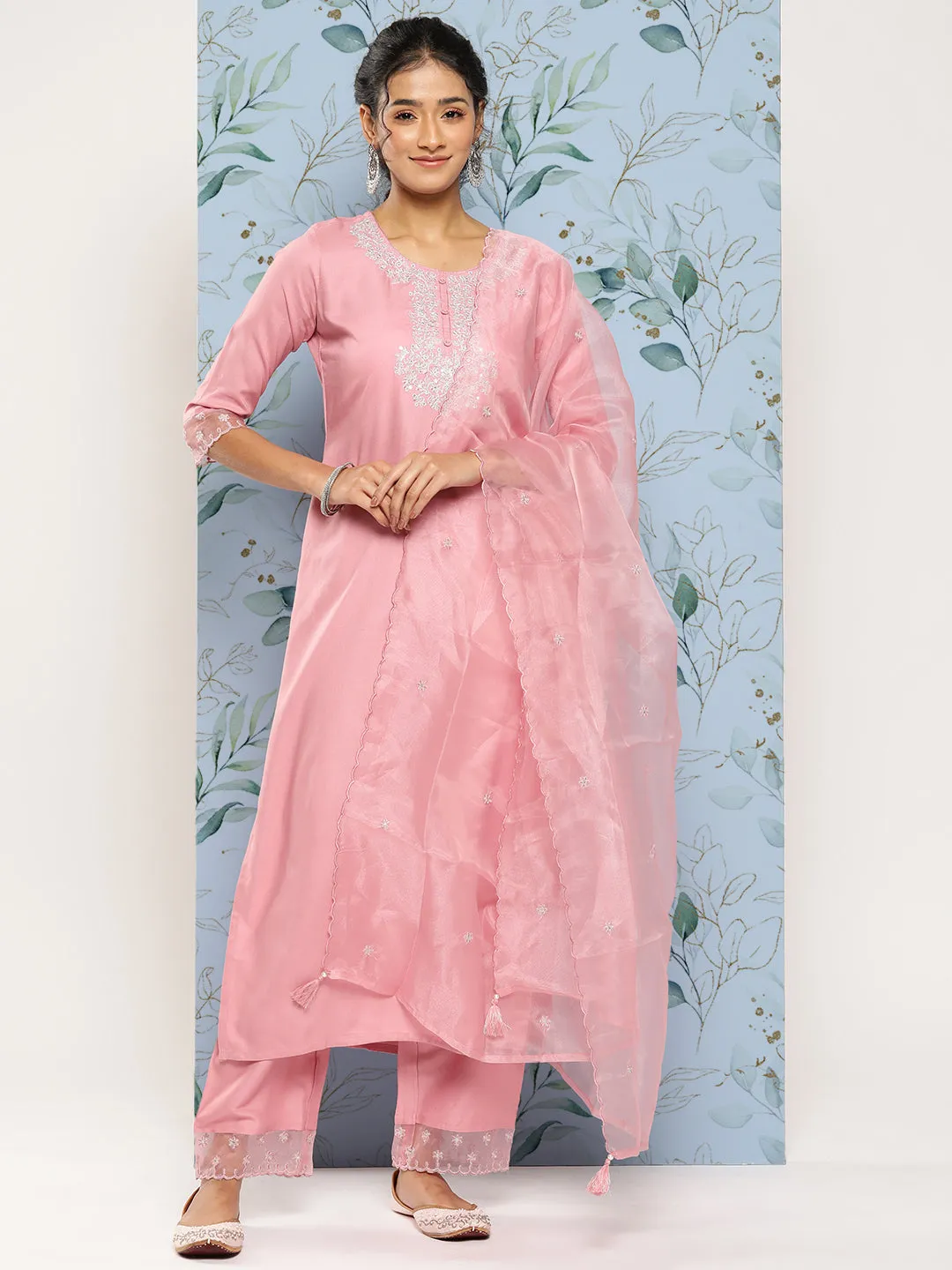 Women Pink Embroidered Straight Kurta With Palazzo And Net Dupatta