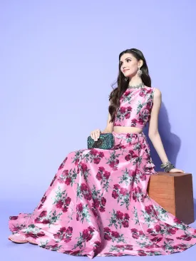 Women Pink Floral Crop Top With Anarkali Skirt