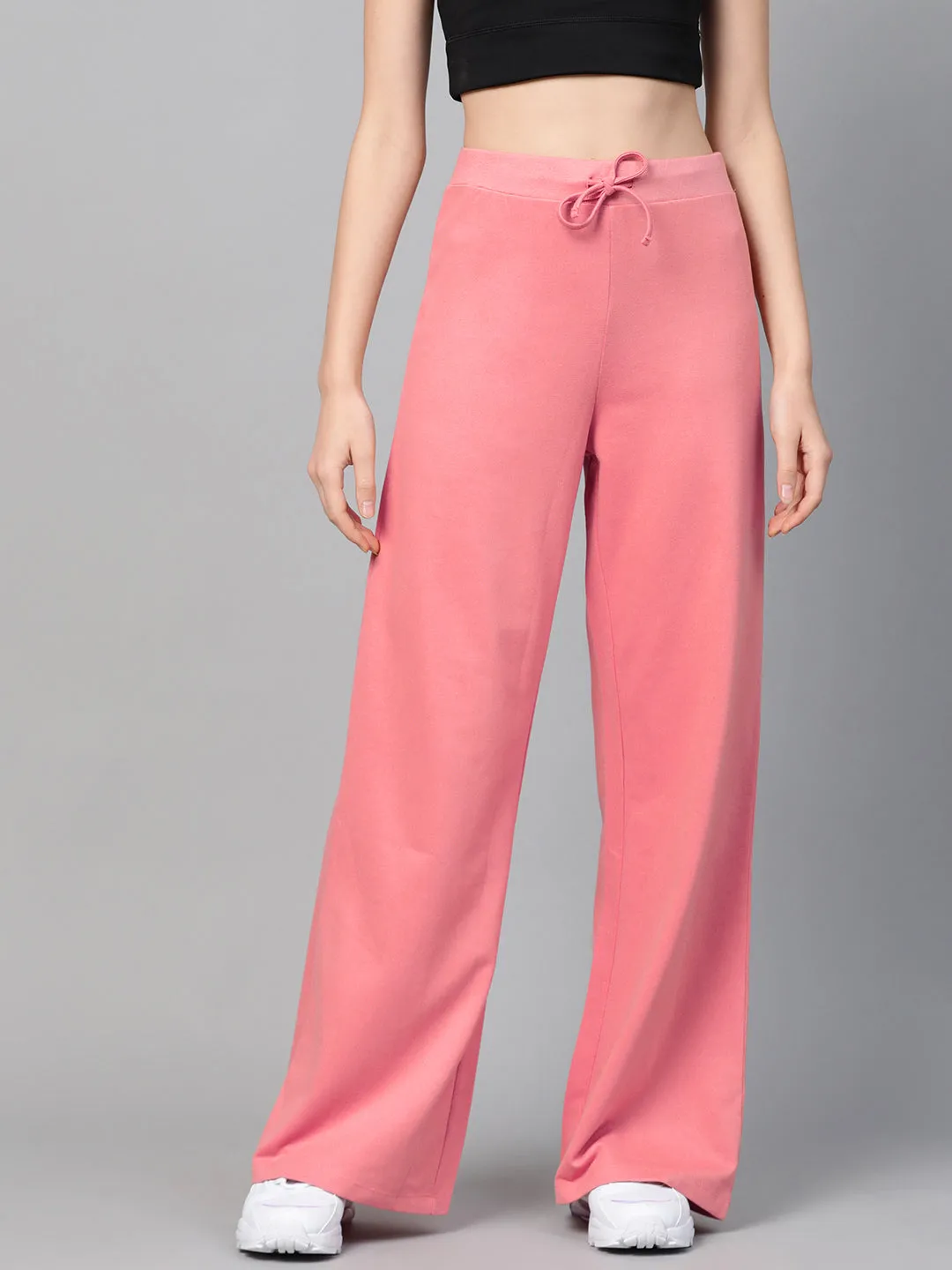 Women Pink Terry Wide Leg Drawstring Pants